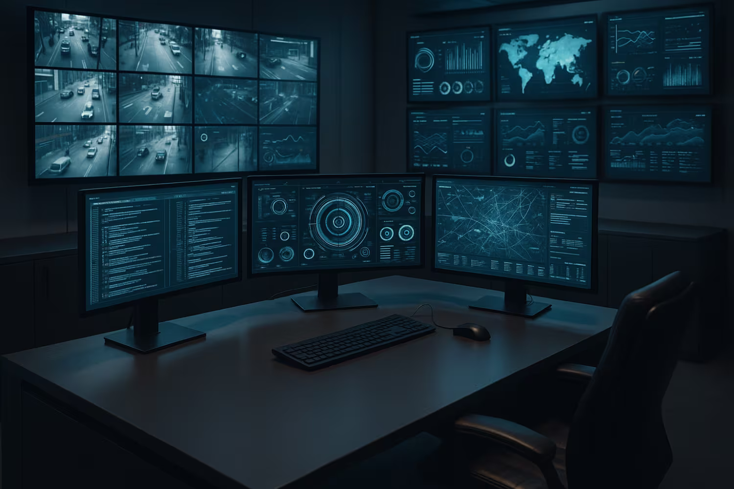 High-tech security control room, advanced threat detection