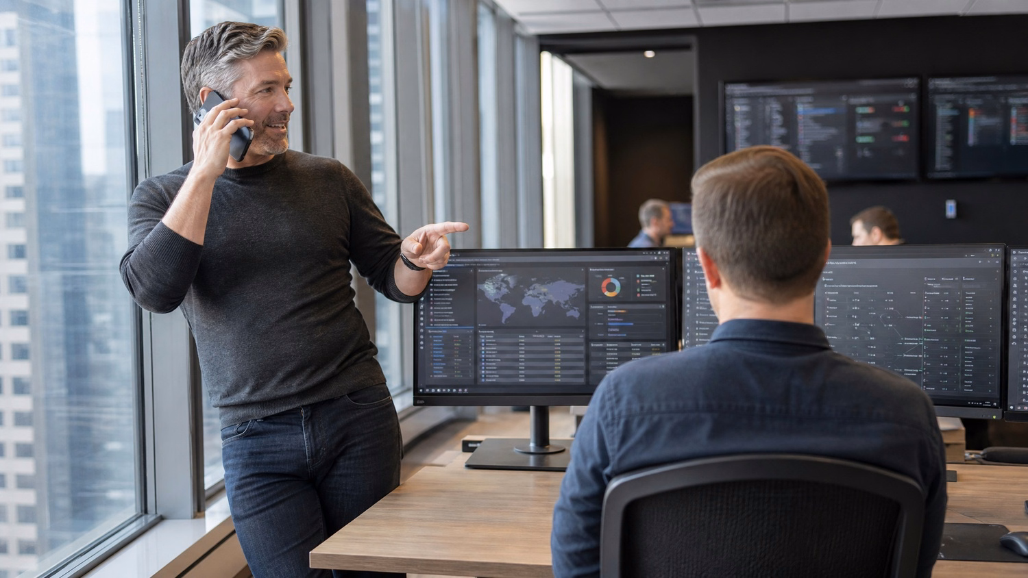 Businessman on phone reviews complex dashboard