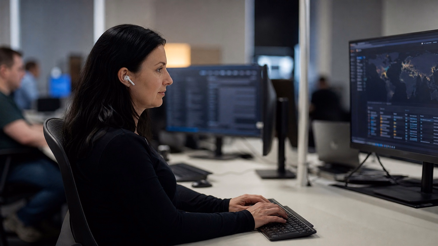 Woman with earbuds studies threat intelligence feed