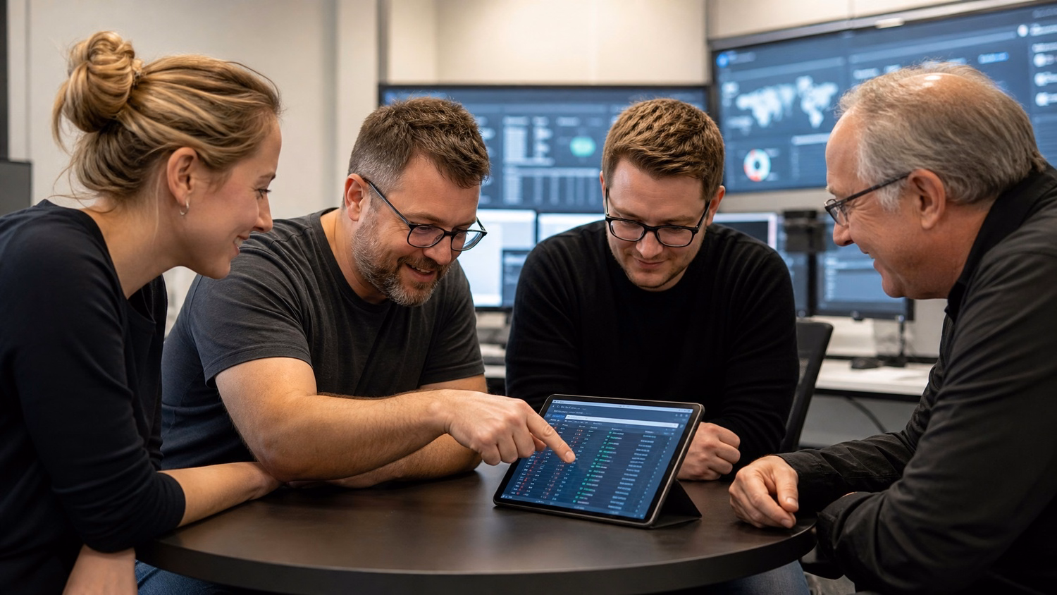 Cybersecurity team analyzing network logs on tablet
