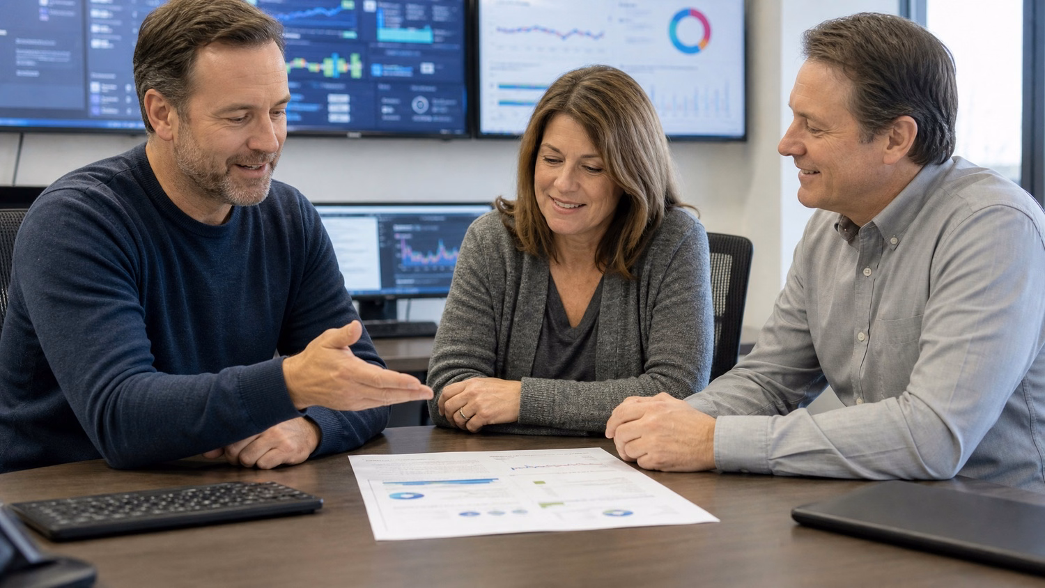 Team discusses cloud storage report at conference table
