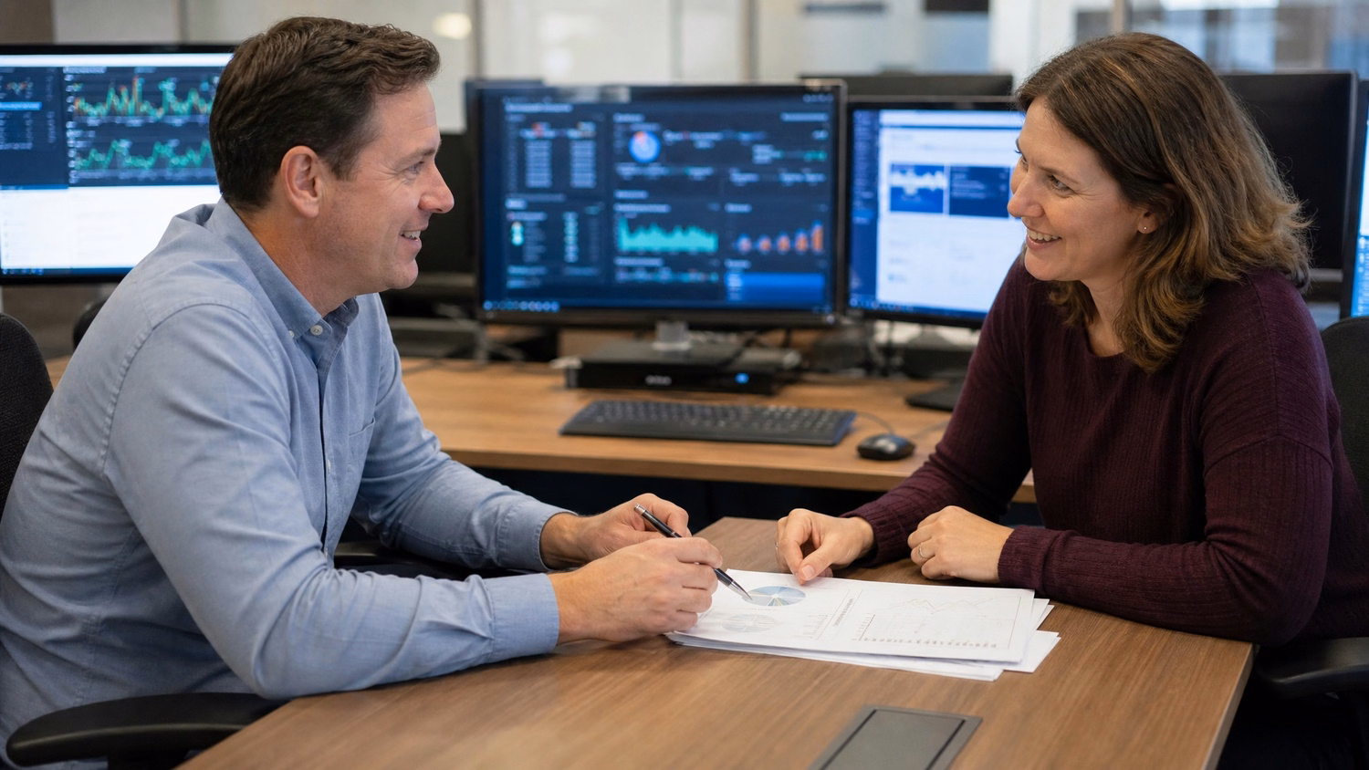 Business professionals review network reports at table