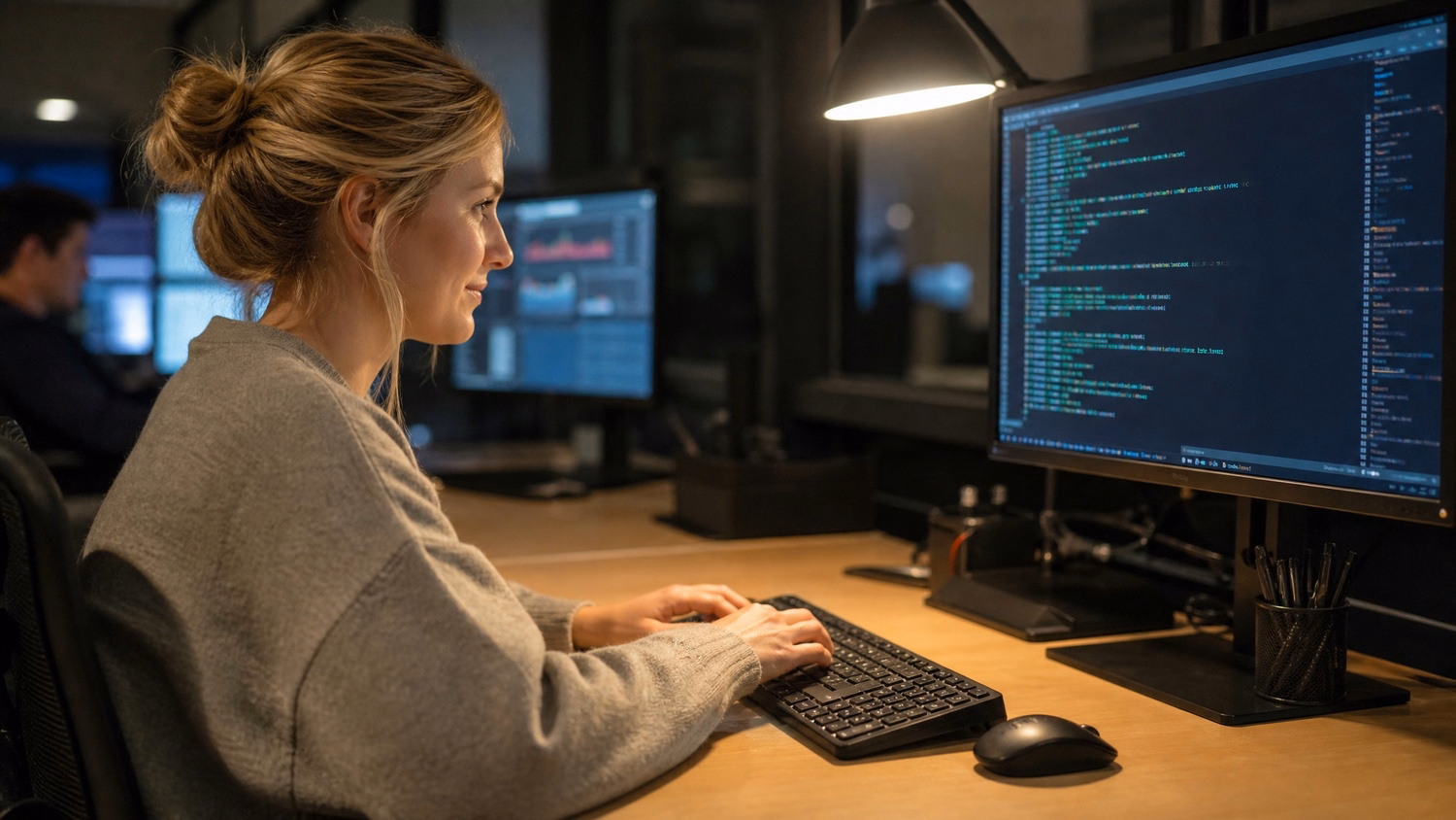 IT professional typing code in dim office light
