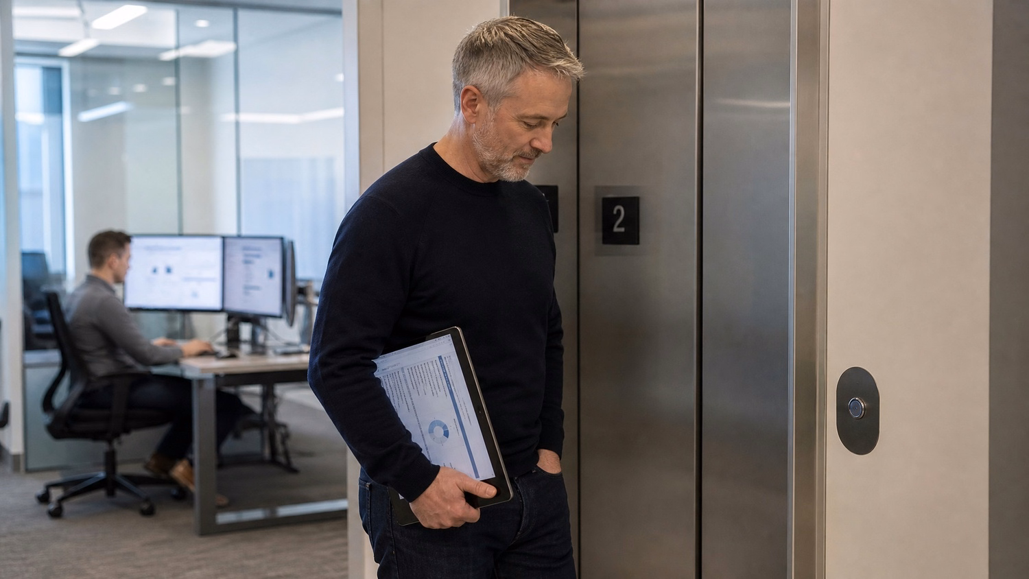 Man with laptop waits for elevator, reviewing security policy 75