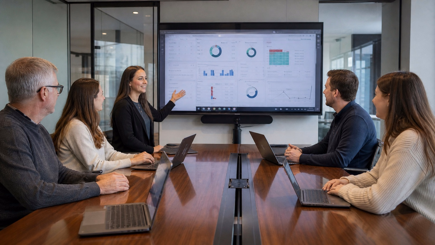 Boardroom meeting, team discusses security dashboard on screen