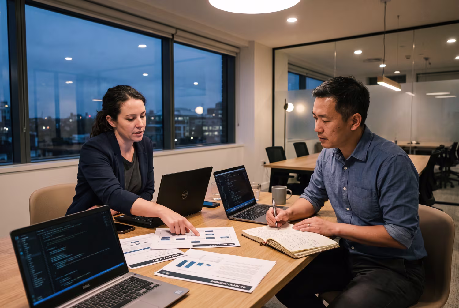 Cybersecurity consultant discussing report with IT manager in office