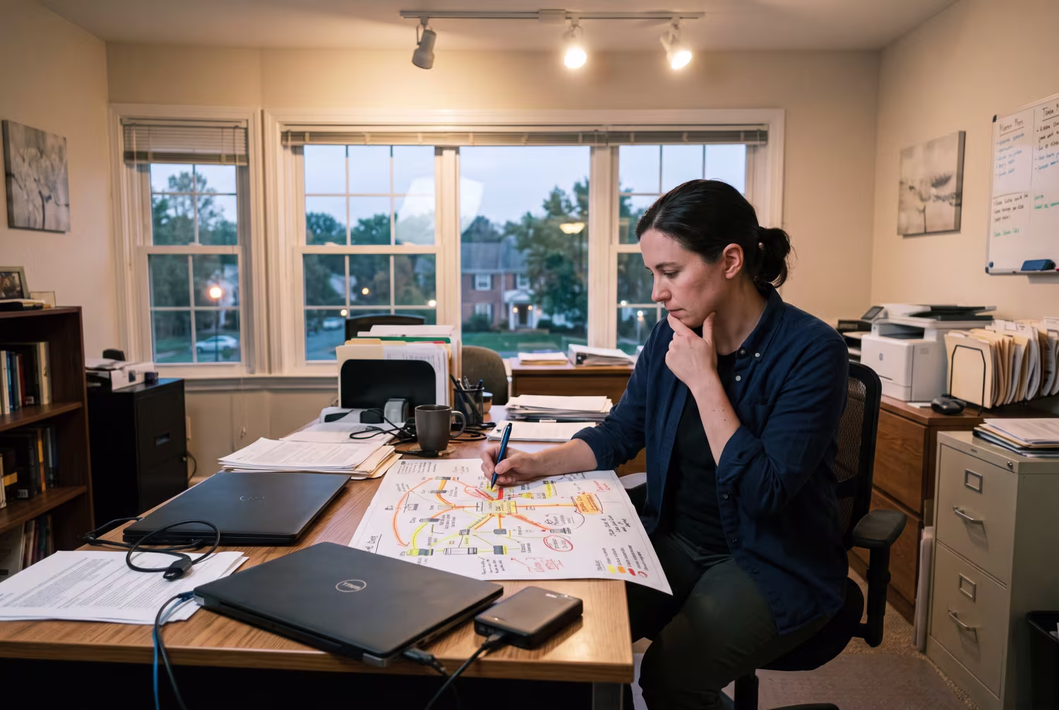 Cybersecurity specialist analyzing network diagram in small business office