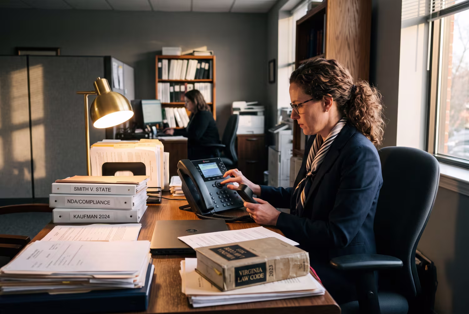 Attorney adjusting new VoIP phone system in office