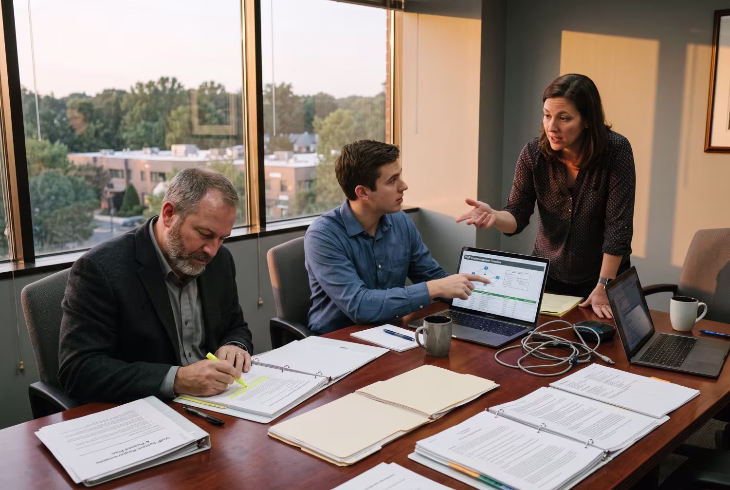 Three colleagues discussing VoIP for law firms at conference table