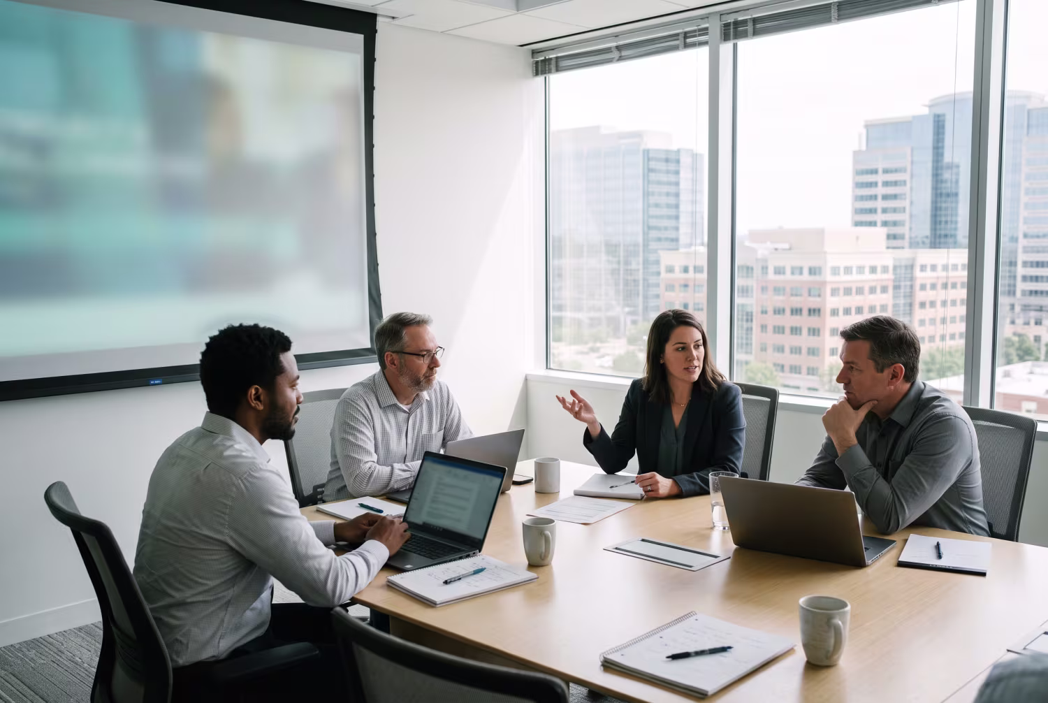 IT team discussing strategies in modern office with skyline view