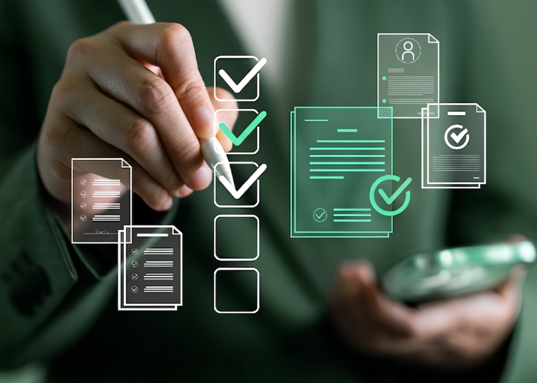 Utilisateur cochant une liste de contrôle numérique avec des icônes de documents professionnels.