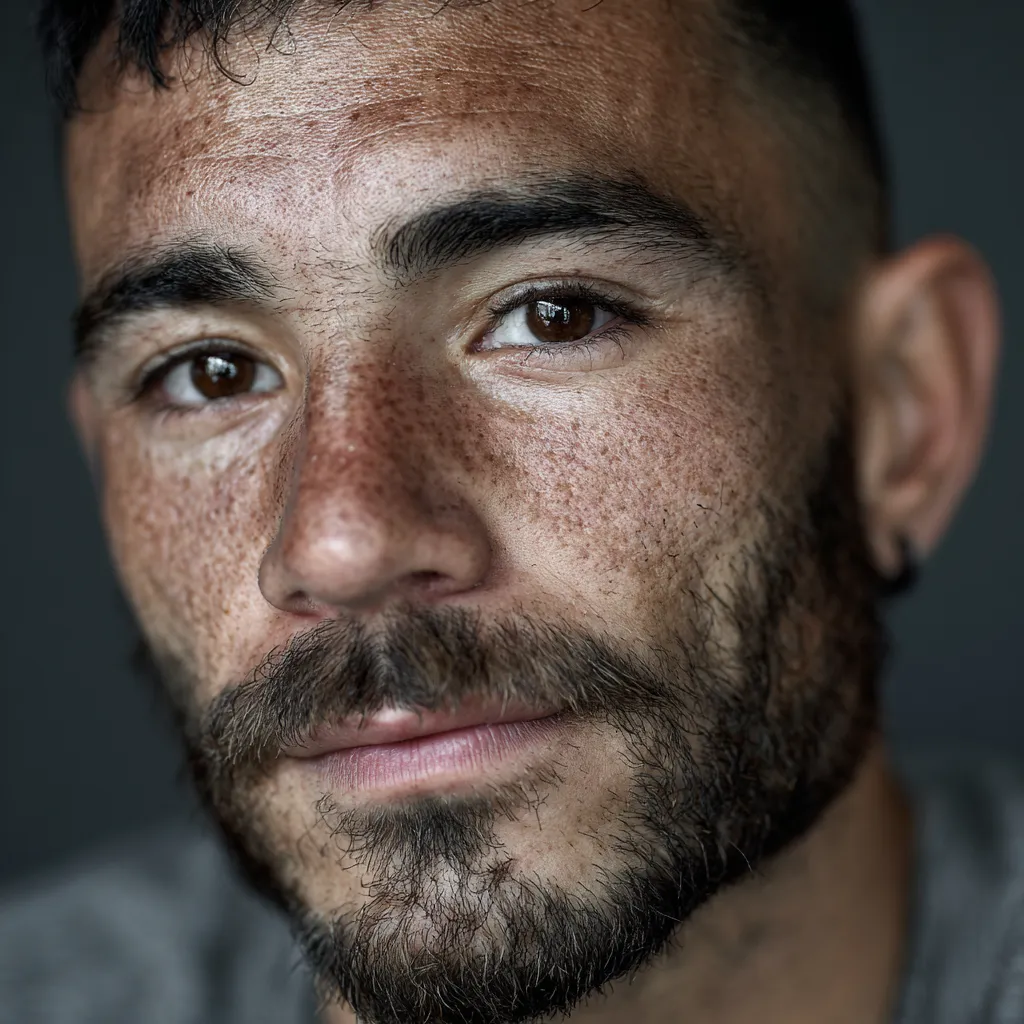 Primer plano del rostro de un hombre con barba y ojos marrones, con fondo gris oscuro.
