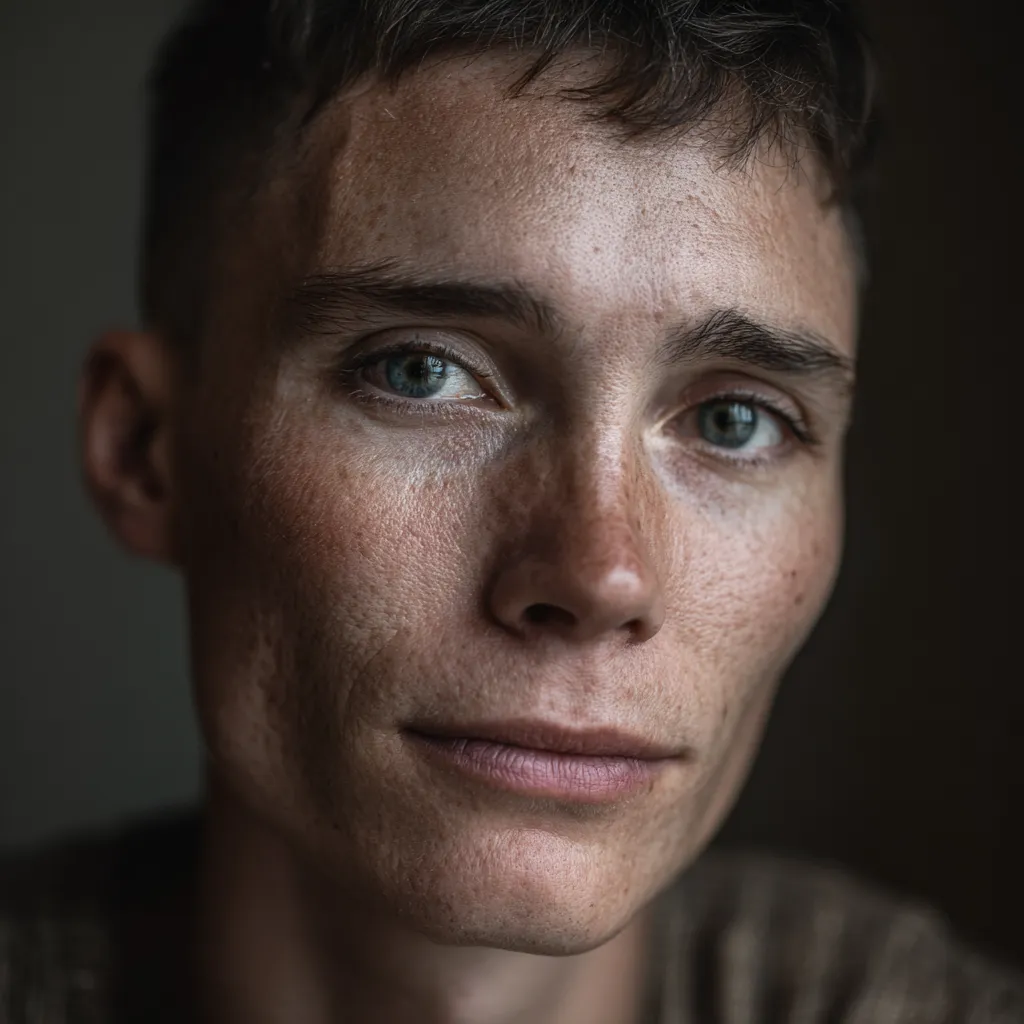 Retrato en primer plano de una persona con ojos azules mirando hacia adelante.