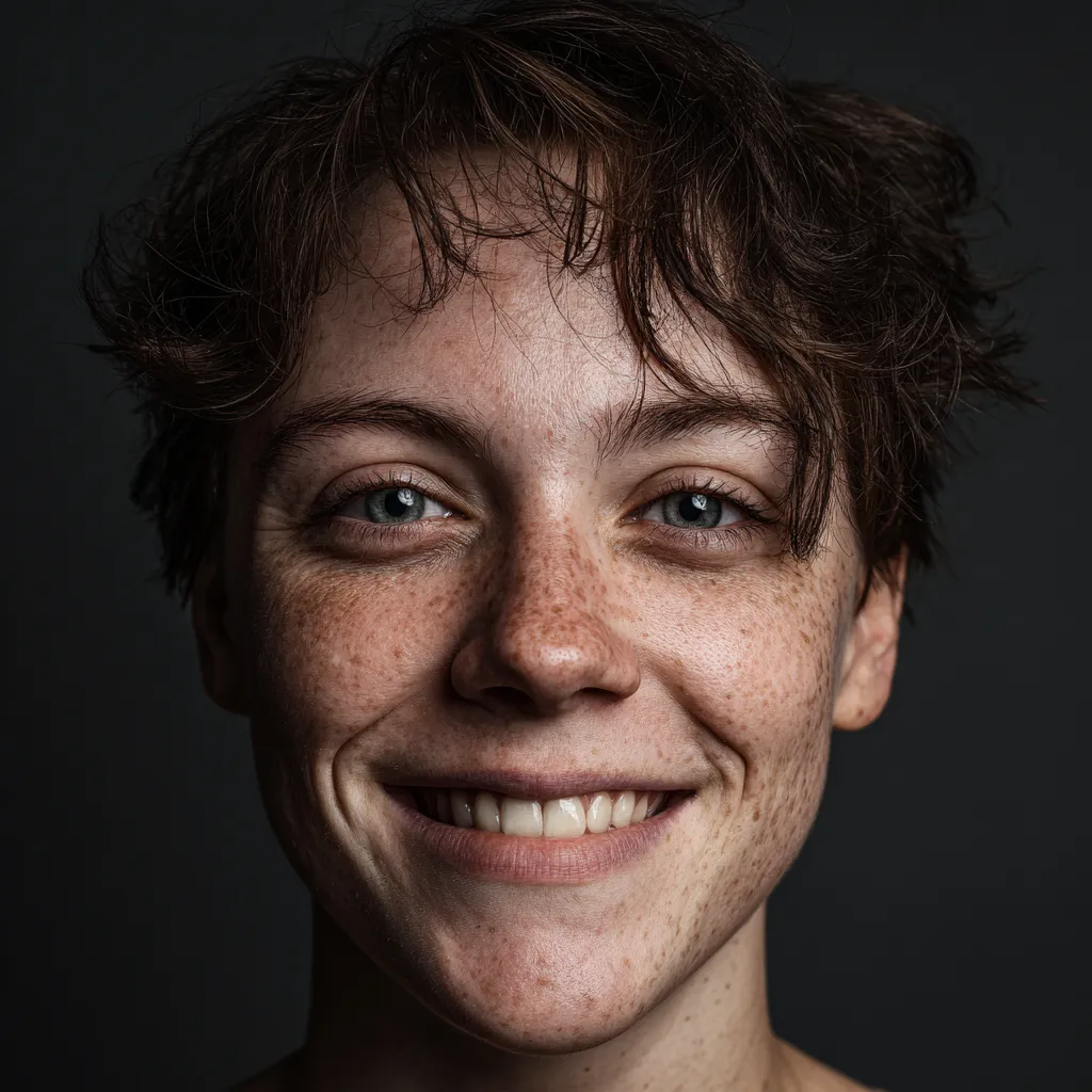 Primer plano de una persona sonriente con piel con cabello corto y rizado sobre fondo oscuro.