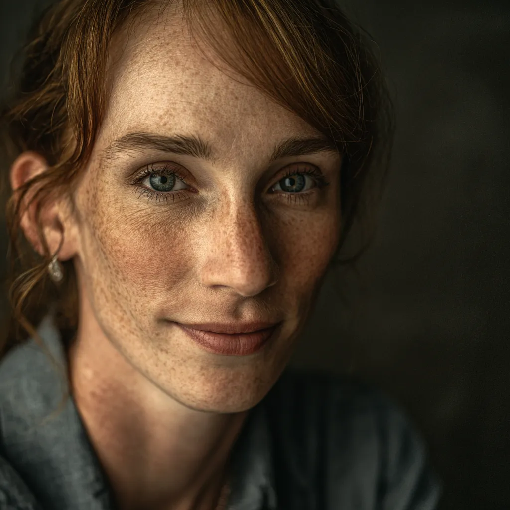 Primer plano del rostro de una mujer pelirroja con pecas y ojos azules, sonriendo suavemente.