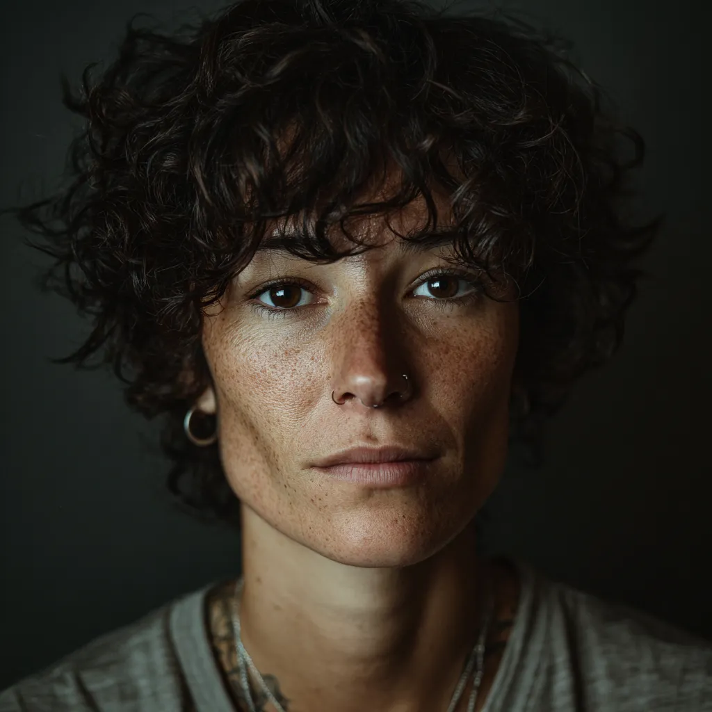 Retrato de cerca de una persona con cabello rizado oscuro y piercing en la nariz, con fondo oscuro.