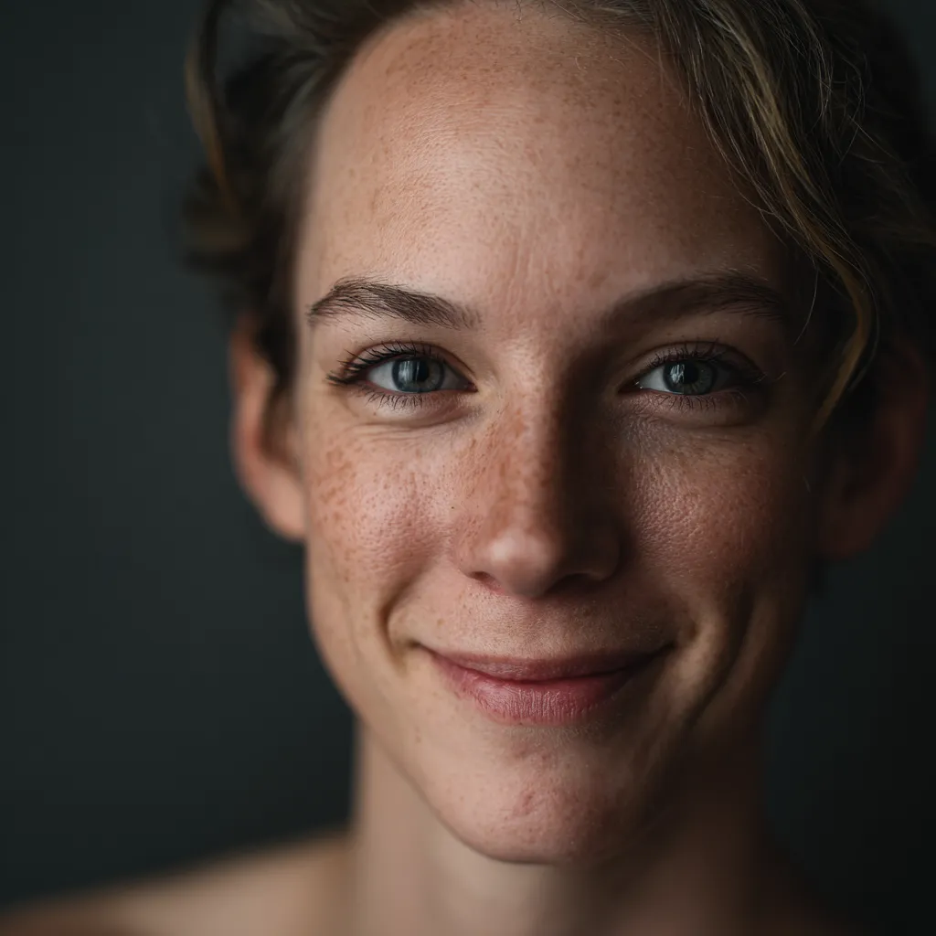 Primer plano del rostro de una mujer sonriente con pecas y ojos claros sobre un fondo oscuro.