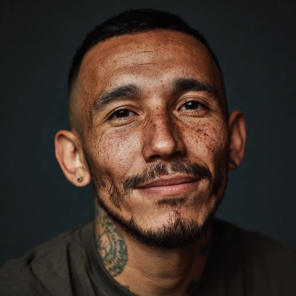 Retrato en primer plano de un hombre con barba y tatuaje visible en el cuello, sonriendo ligeramente.