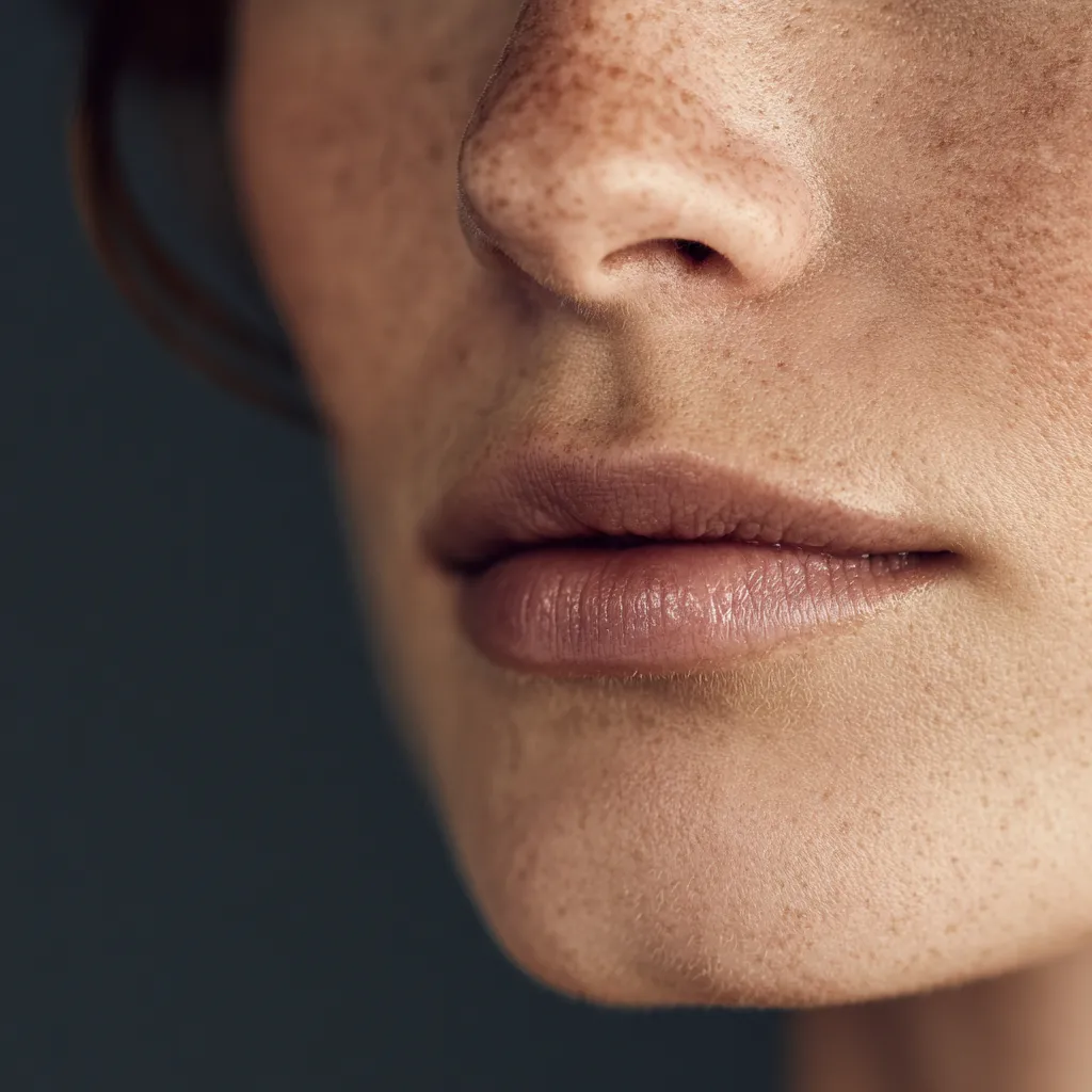 Primer plano de labios y nariz con pecas visibles en piel clara femenina.
