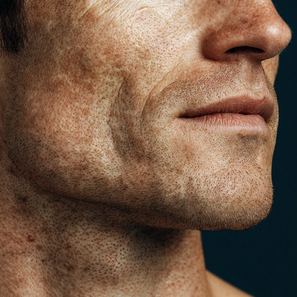 Primer plano del lado derecho mandibular de la cara de un hombre con piel acneica, poco vello facial y labios cerrados.