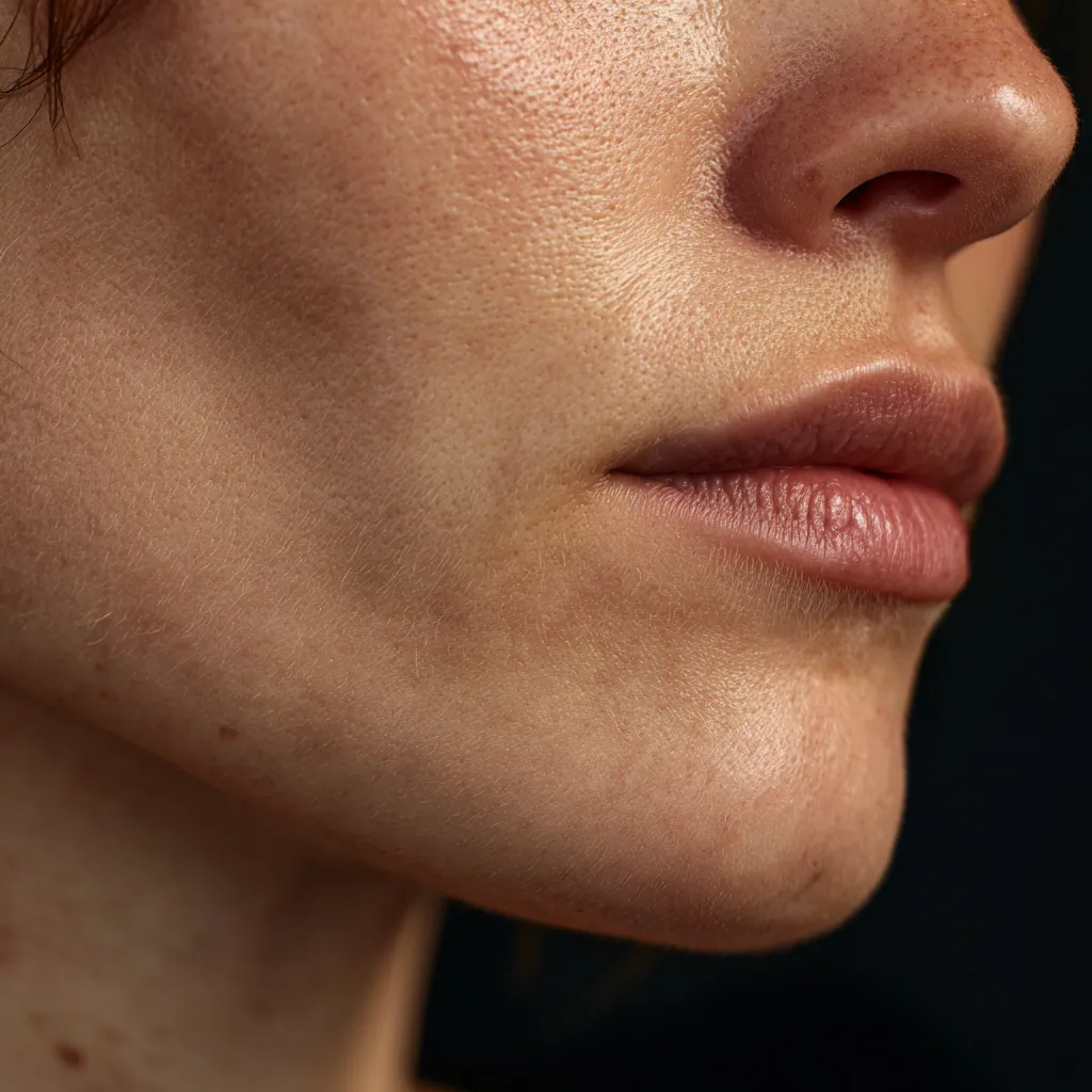 Primer plano de piel facial femenina con textura natural, incluyendo mandíbula, labios y nariz.