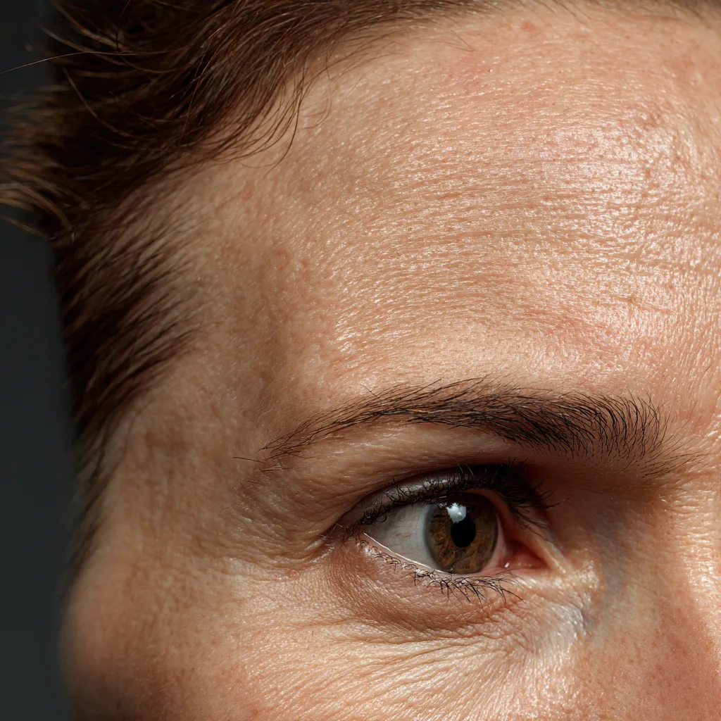 Primer plano del lado derecho de la frente de una persona con cejas marrón oscuro y piel con pocas arrugas visibles.