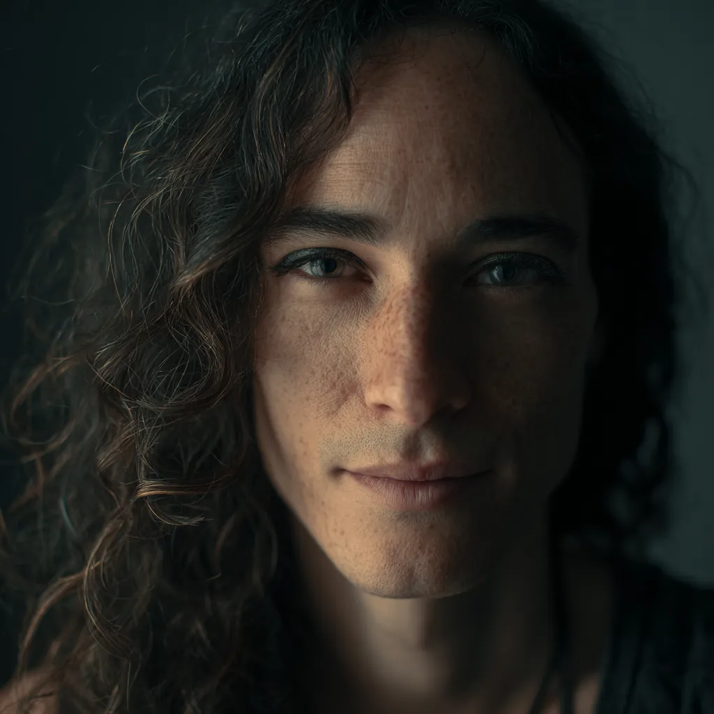 Retrato de cerca de una persona con cabello rizado y expresión serena en un fondo oscuro.