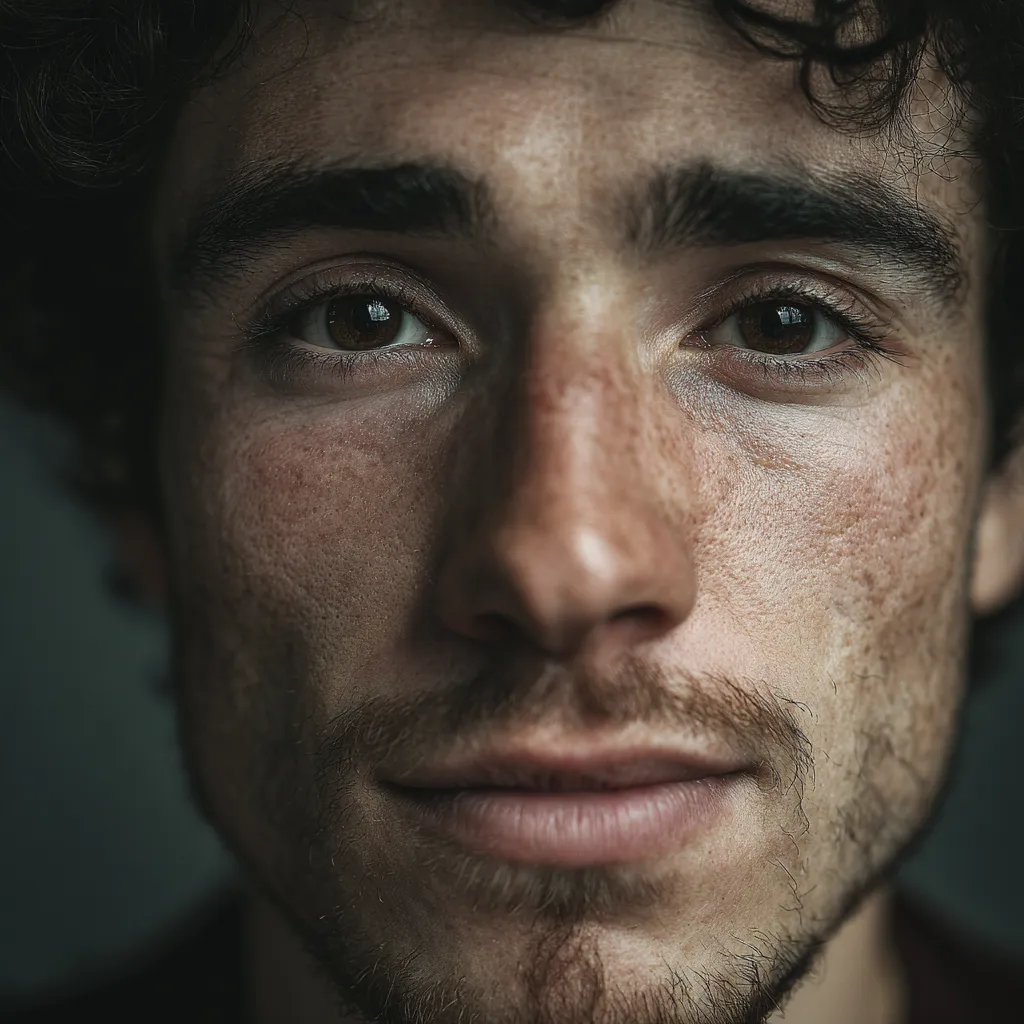 Primer plano en súper zoom del rostro de un hombre con piel con poros visibles, pecas y barba incipiente.