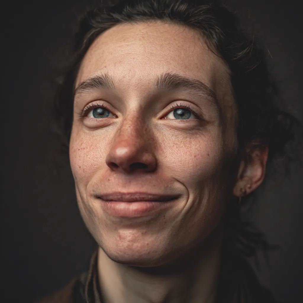Primer plano de una persona con ojos azules y expresión sonriente ligera sobre fondo oscuro.