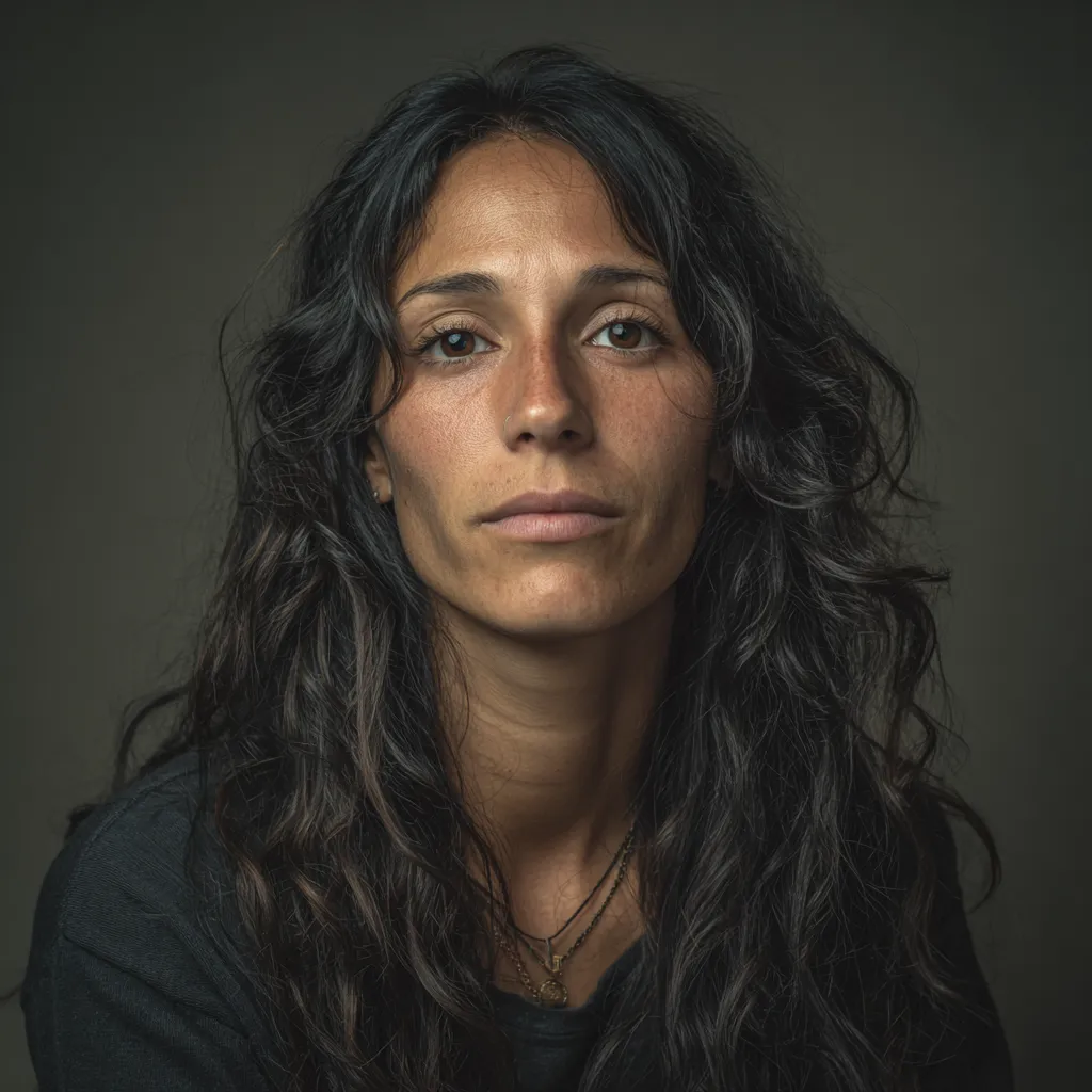 Retrato de mujer con cabello largo y rizado, piel morena y expresivo rostro serio sobre fondo neutro.