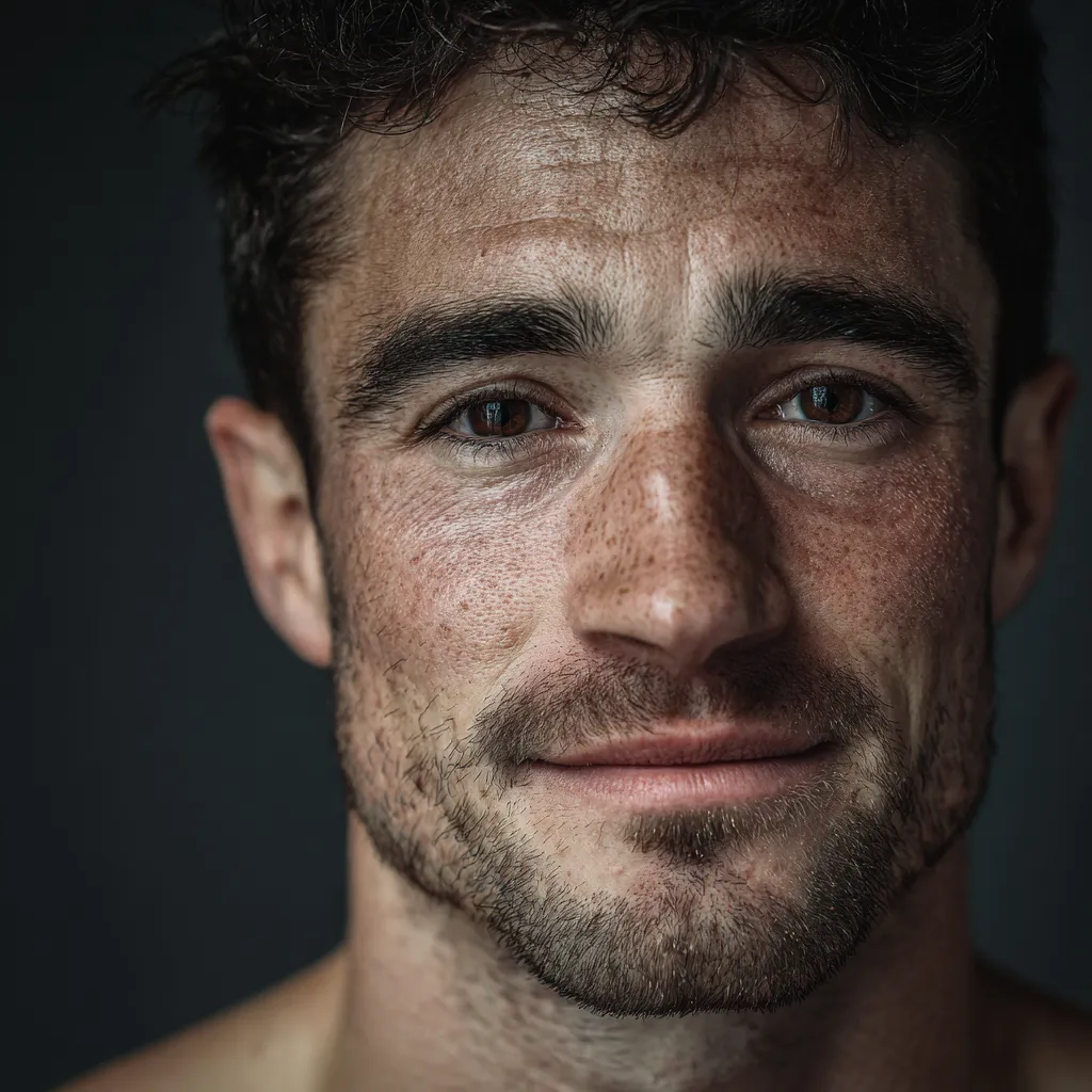 Retrato en primer plano de un hombre con piel bronceada, pecas, barba incipiente y expresión amable.