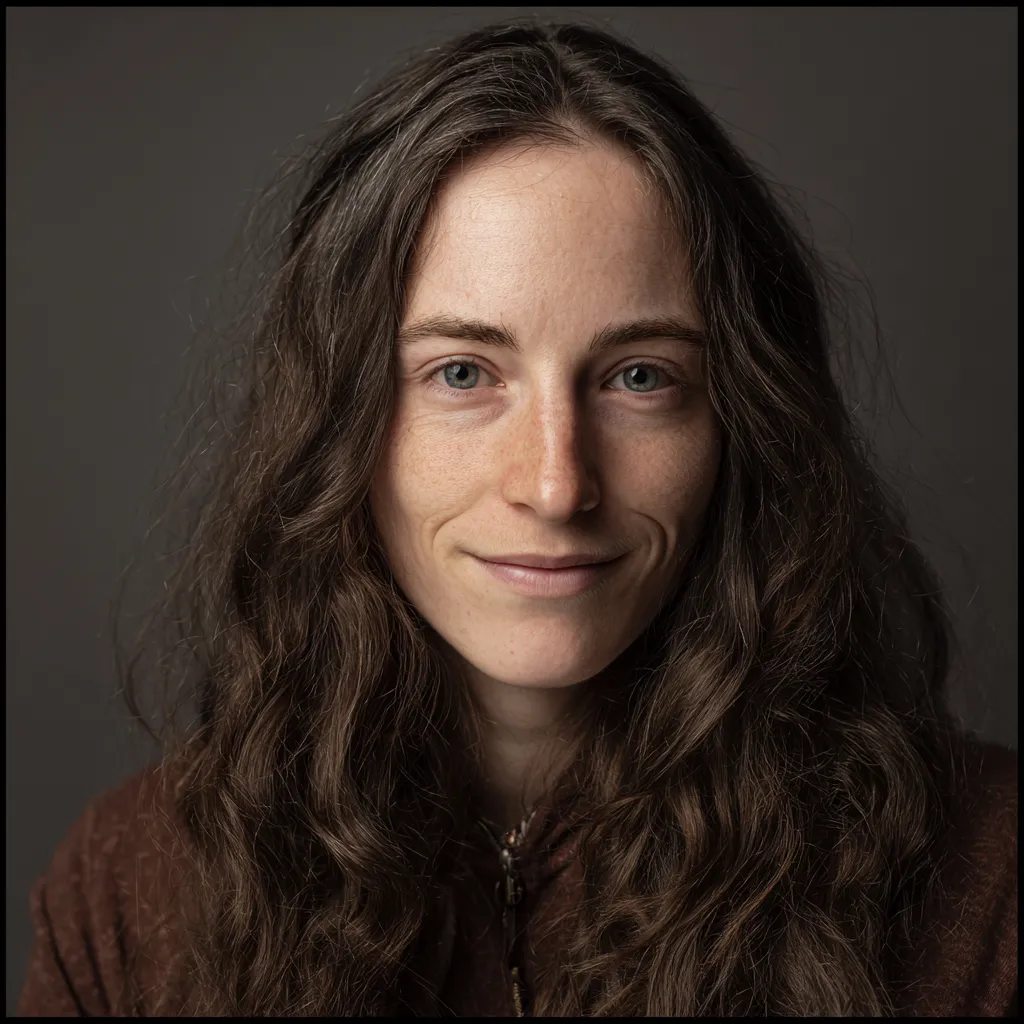 Retrato de una mujer joven con cabello largo y rizado, sonriendo ligeramente frente a un fondo gris.