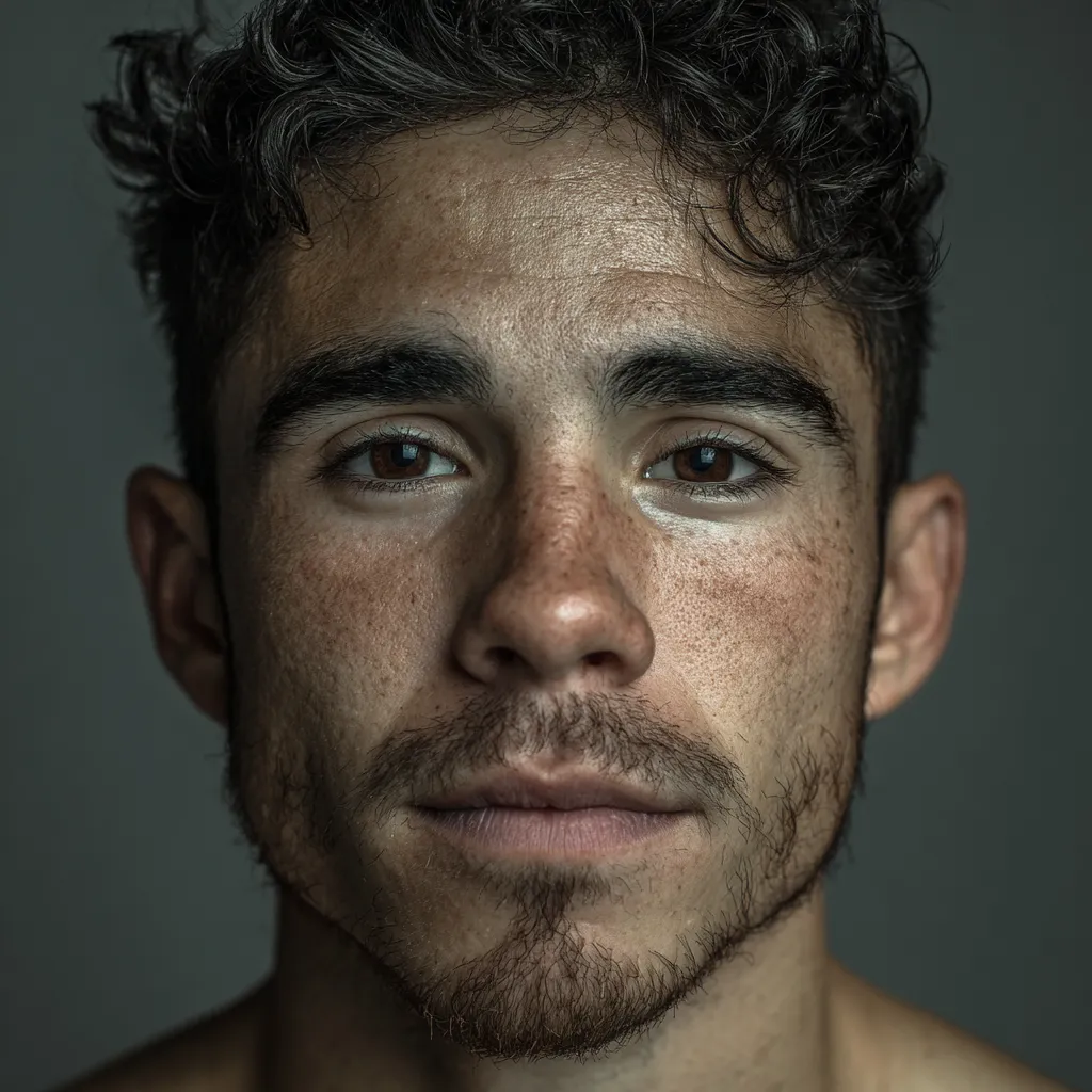 Primer plano de un hombre joven con barba cuidada y cabello rizado, fondo gris oscuro.