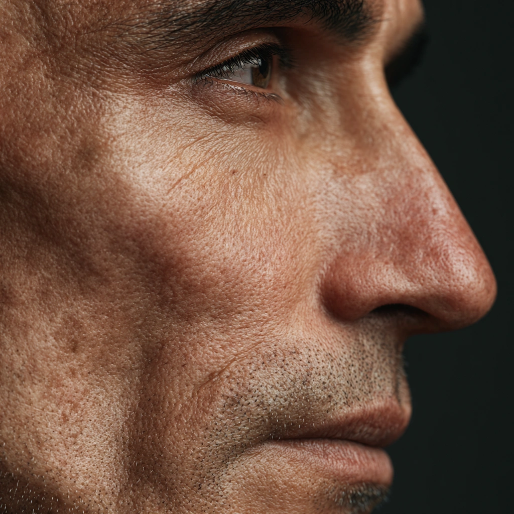 Retrato en primer plano del perfil derecho de un hombre adulto con piel arrugada y poros visibles.