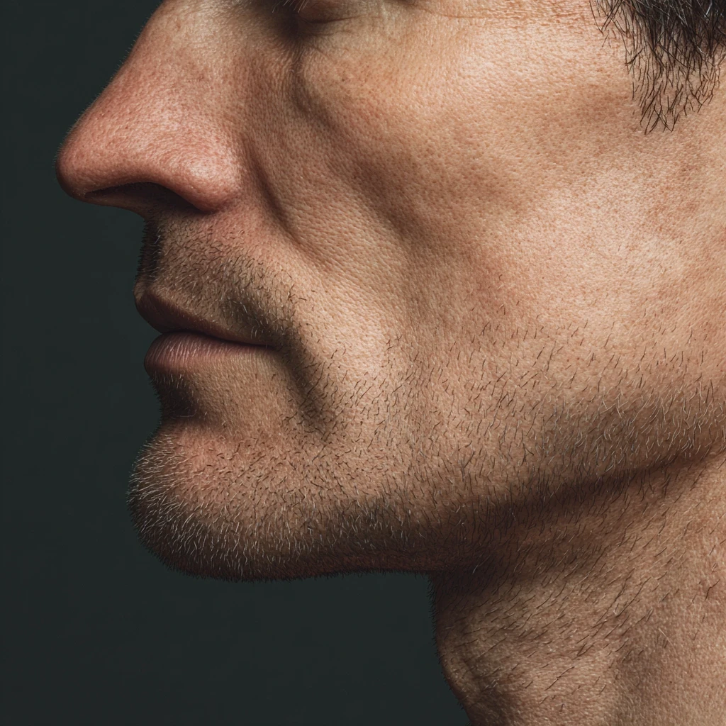 Perfil de la nariz, los labios, el mentón y la mandíbula de un hombre, sobre la osteotomía trimaxilar (cirugía ortognática)