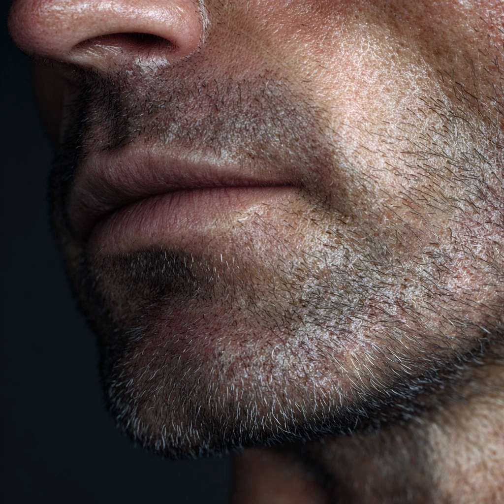 Primer plano del mentón y los labios de un hombre con barba incipiente, sobre los implantes de mentón en PEEK en ARQÉA Clinic