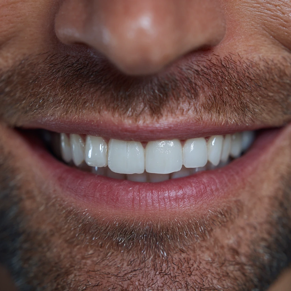 Primer plano de la sonrisa y los dientes de un hombre, sobre la SARPE (expansión palatina rápida asistida quirúrgicamente)