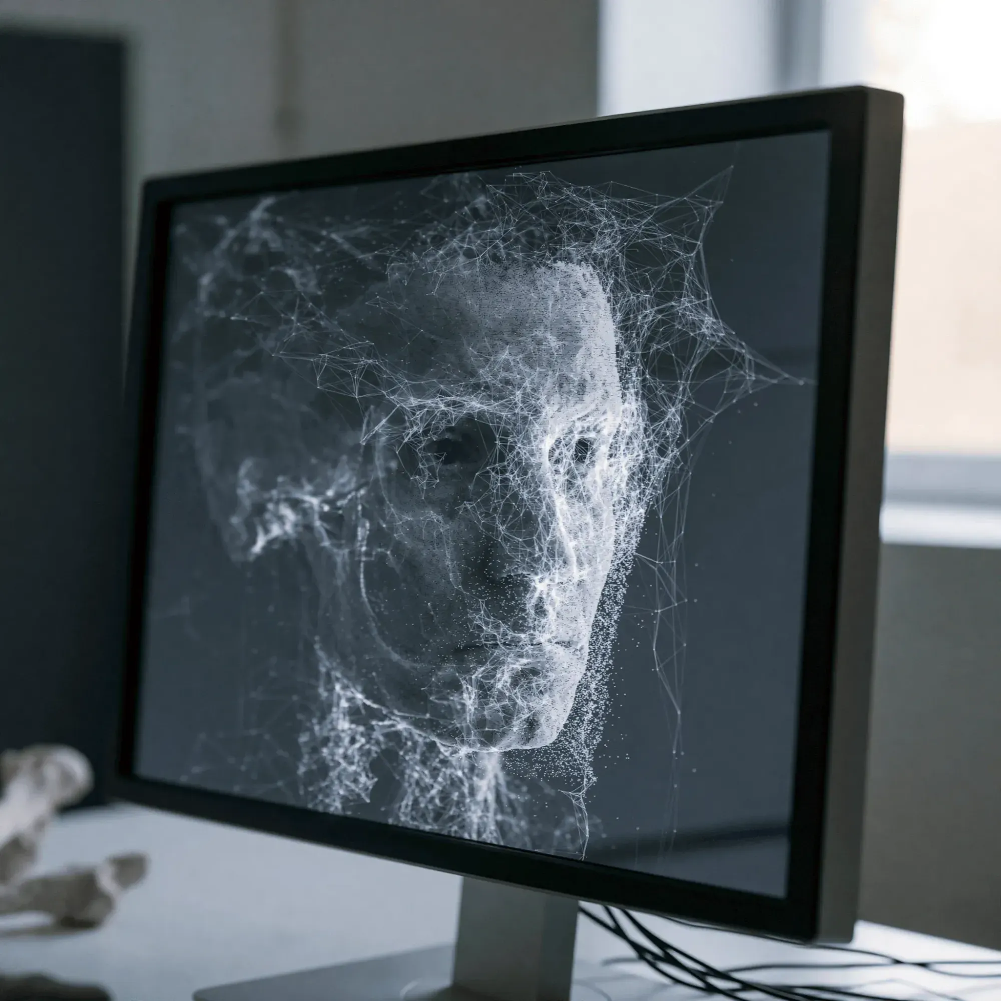 Monitor showing a 3D point cloud scan of a face, the kind of facial model used for surgical simulation at ARQÉA Clinic