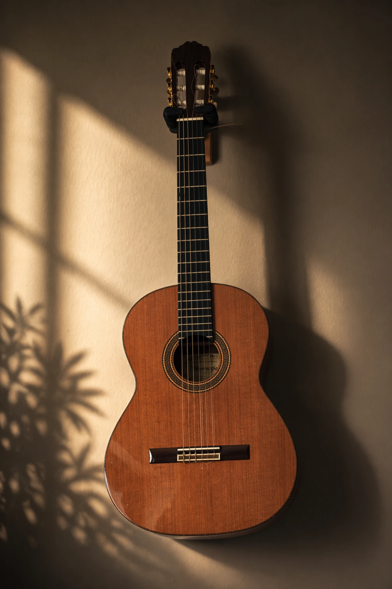 Image of a classical guitar hanging on a wall
