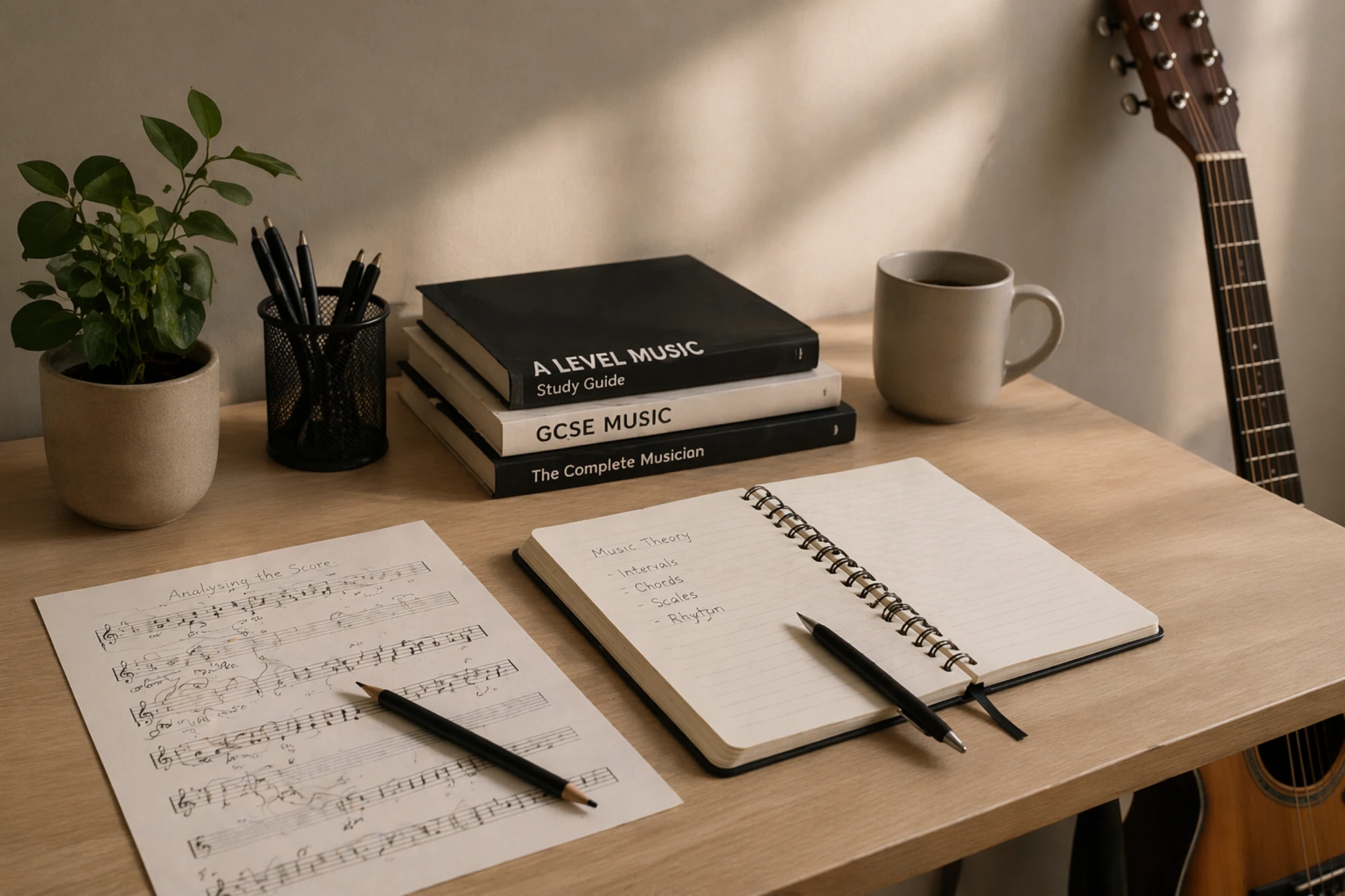 Notebooks on a desk showing music support for GCSE and A level music