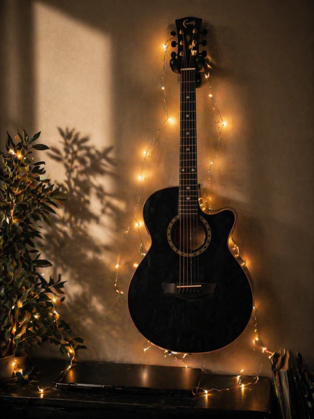 Acoustic guitar on the wall surrounded by fairy lights