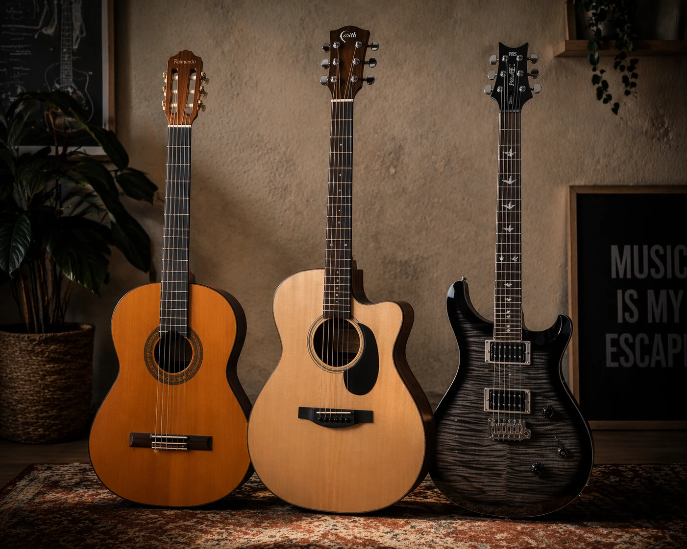 Image of a classical guitar hanging on a wall
