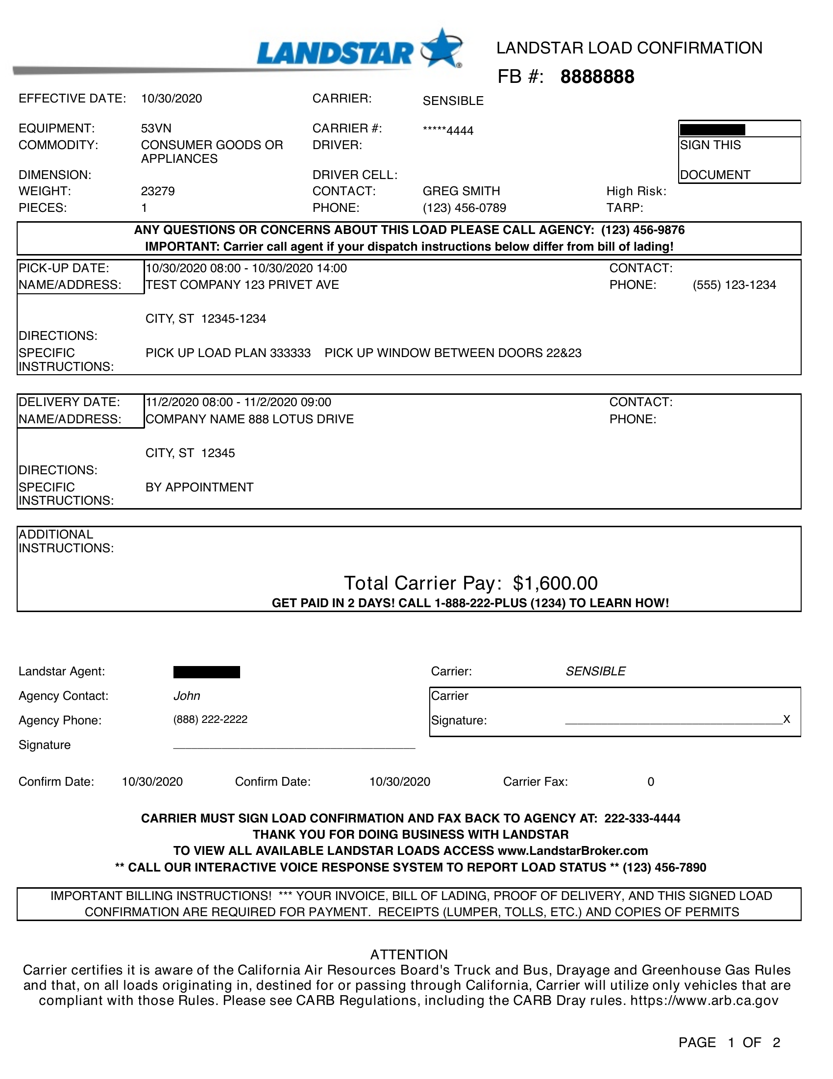 A freight rate confirmation