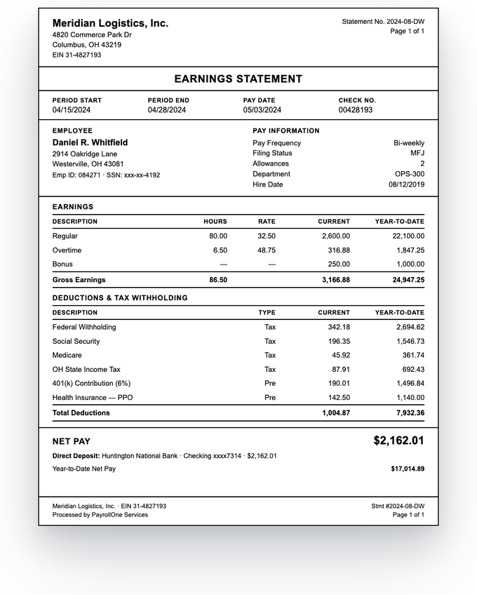 Pay stub — sample extracted by Sensible