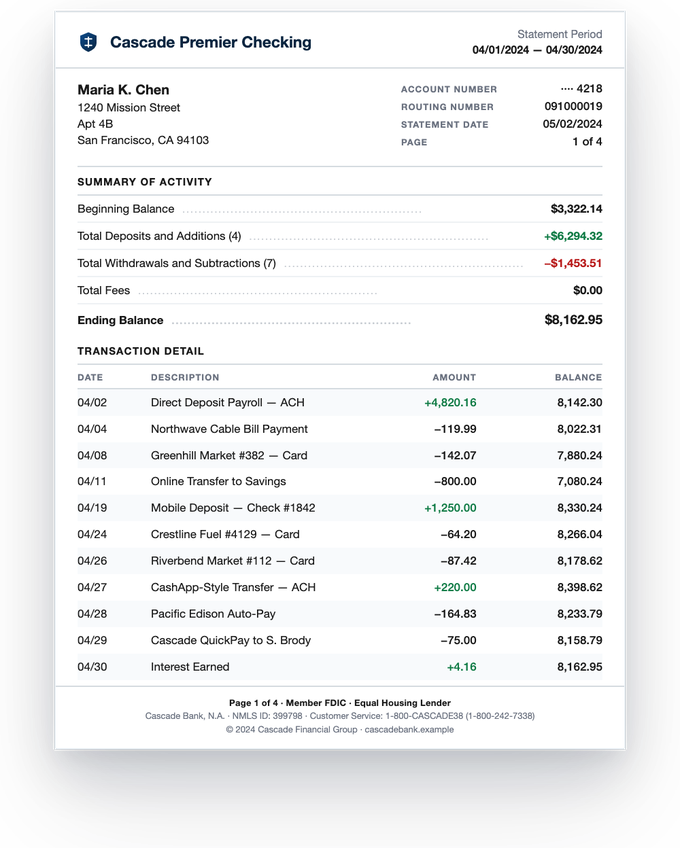 Bank statement — sample extracted by Sensible