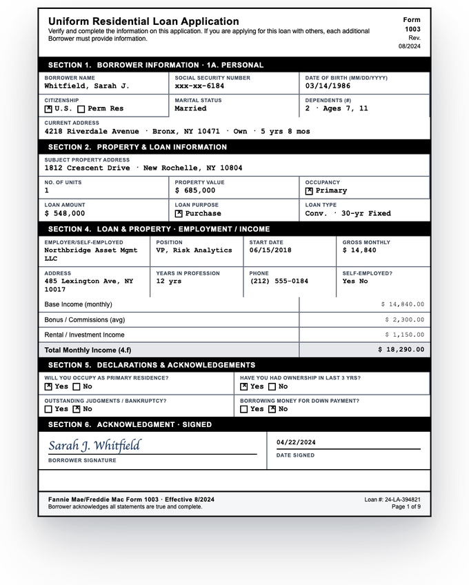 Loan application (1003 URLA) — sample extracted by Sensible