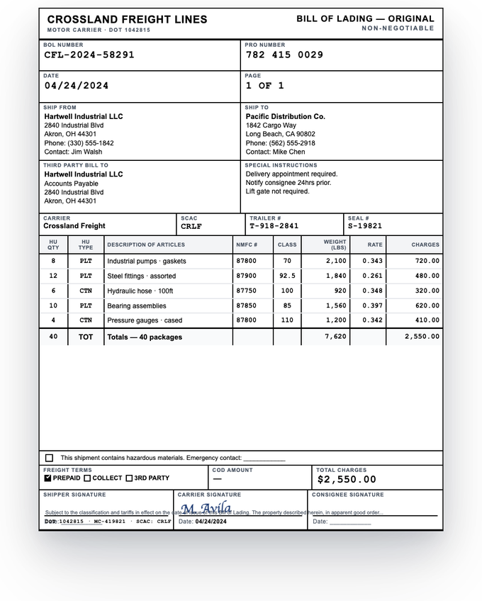 Bill of lading document — sample extracted by Sensible