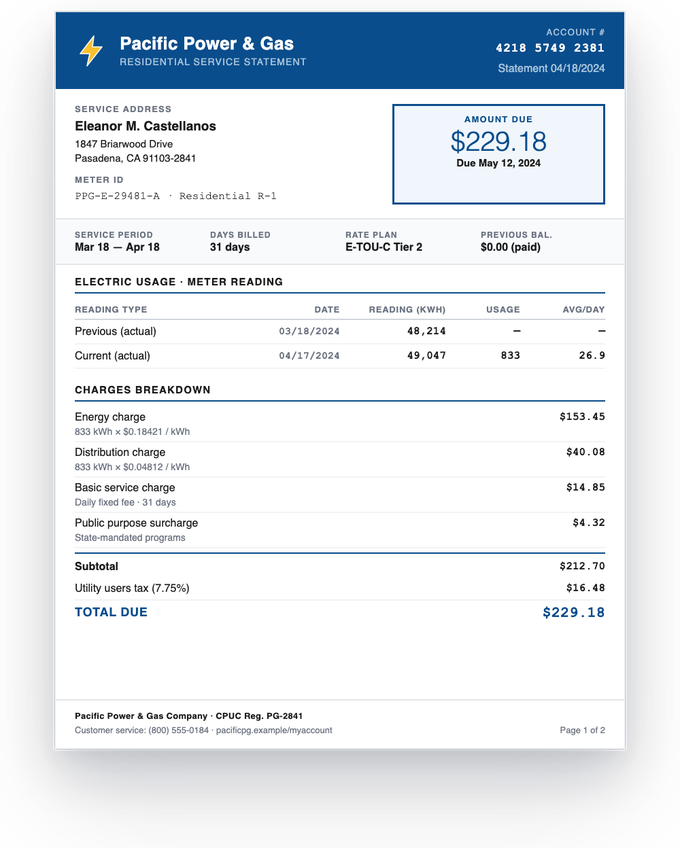 Utility bill — sample extracted by Sensible