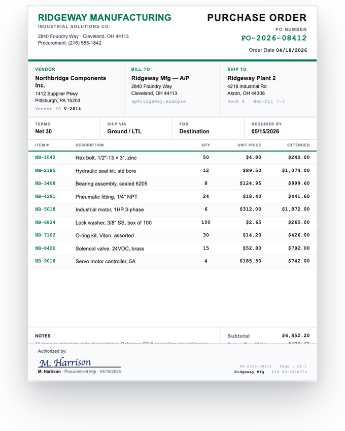 Purchase order document — sample extracted by Sensible