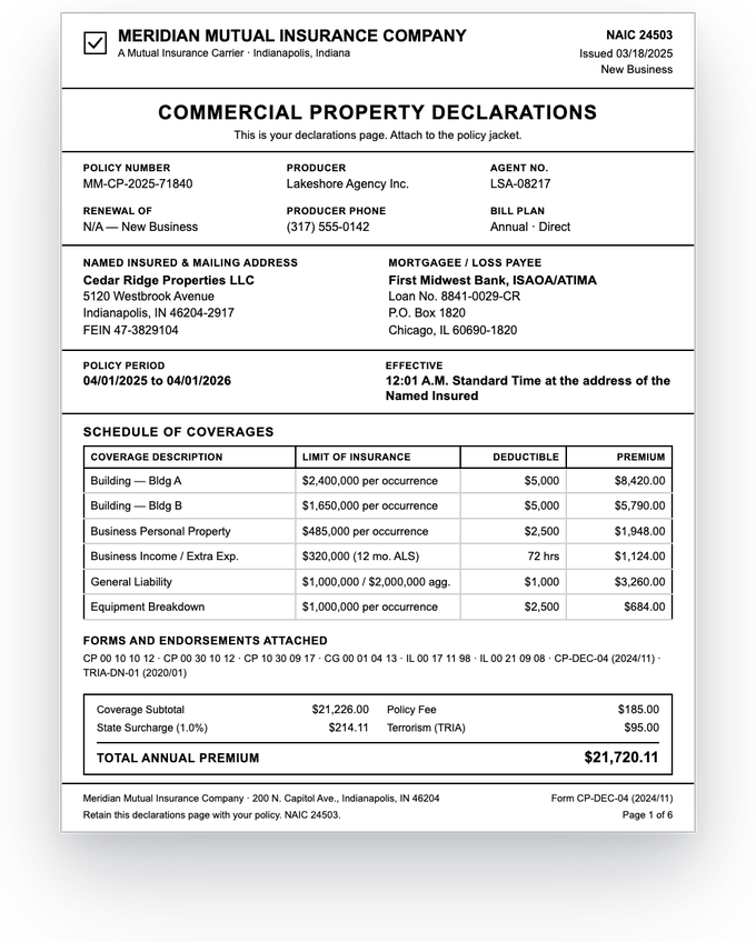 Declaration page — sample extracted by Sensible